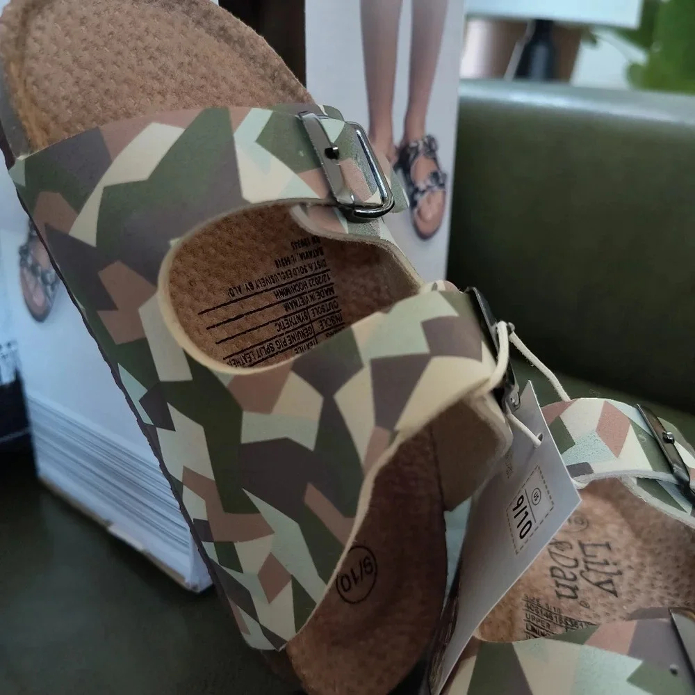 Cream tan brown green Birkenstock style sandals kids camouflage style pattern